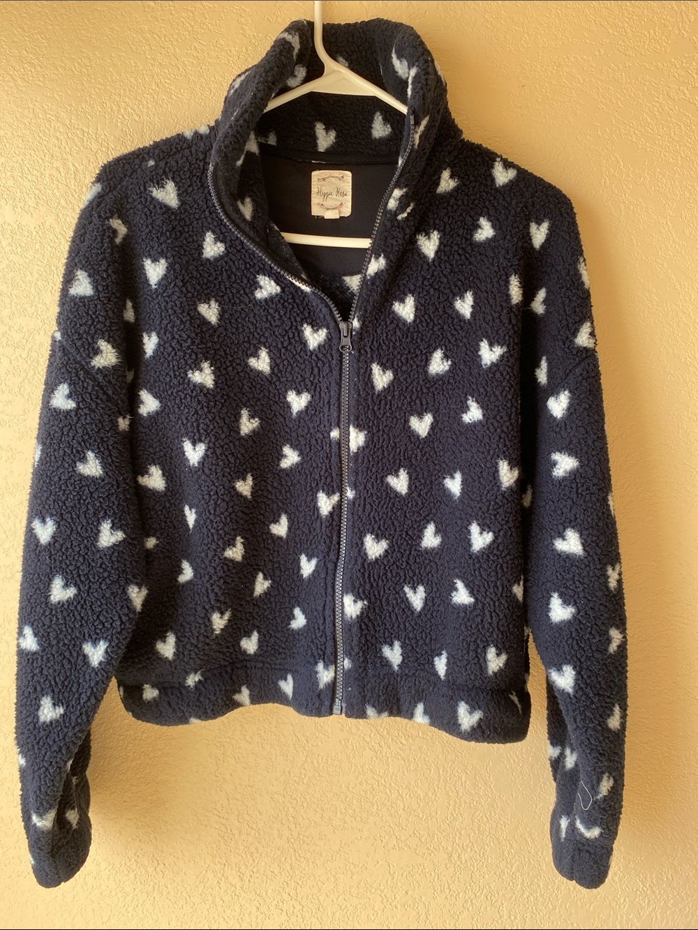 Hippie Rose Navy Sherpa Zip Jacket with White Heart Print